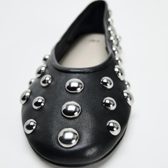 ZARA Studded Leather Black Ballet Flats - Picture 3 of 9